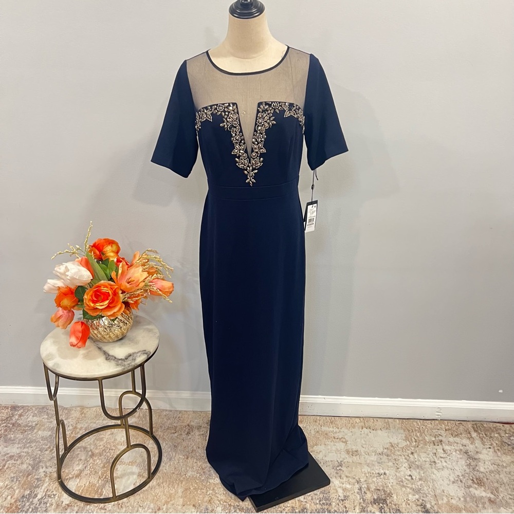 Adrianna Papell Navy Midnight Embellished Stretch Crepe Illusion Maxi Dress